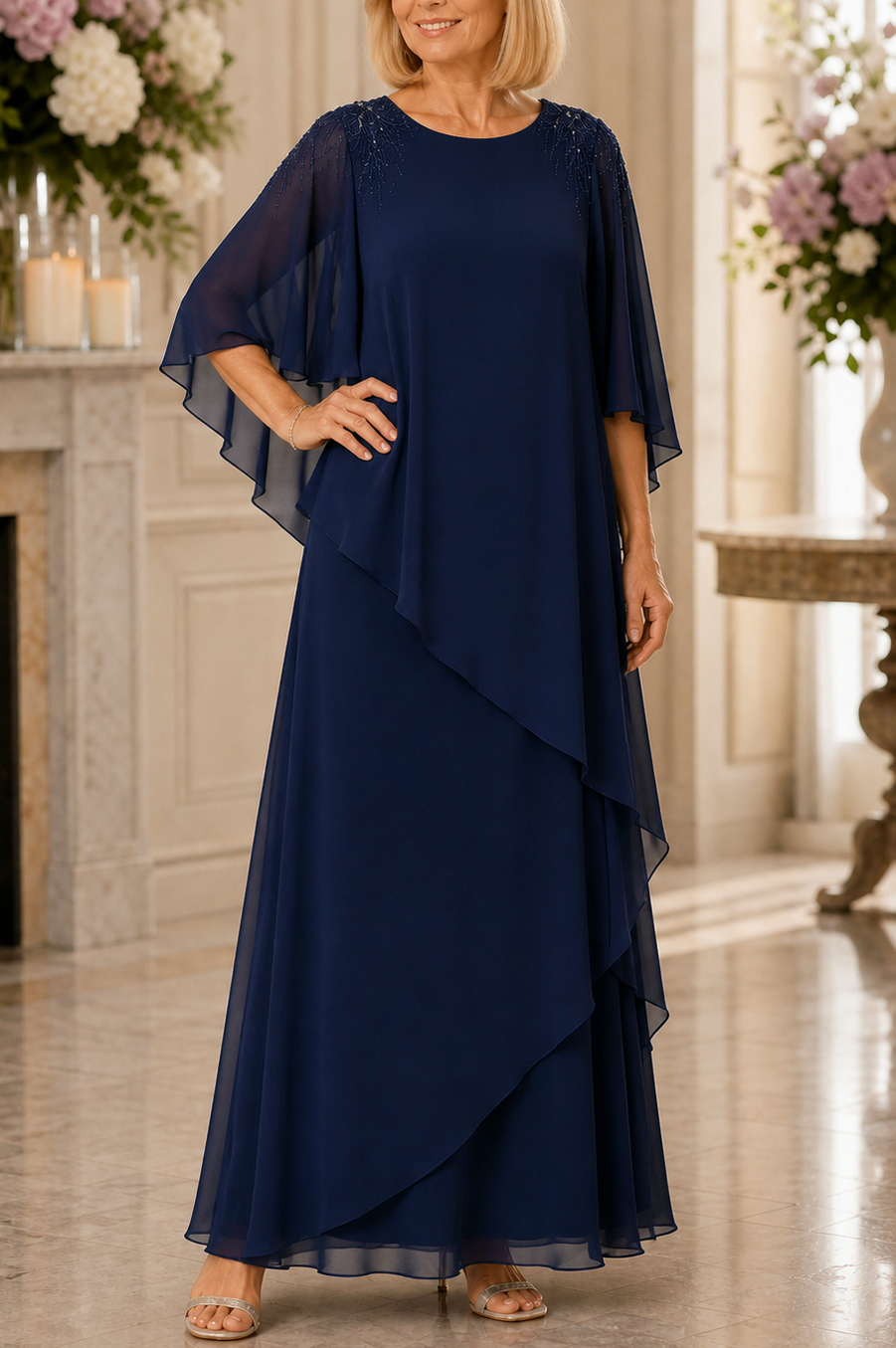 Chiffon Cape Sleeve Tiered Maxi Dress