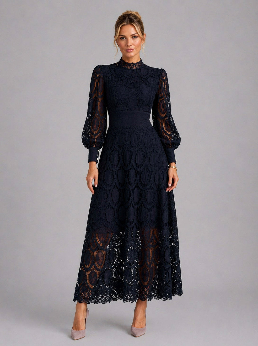 Lace High Neck Midi Dress