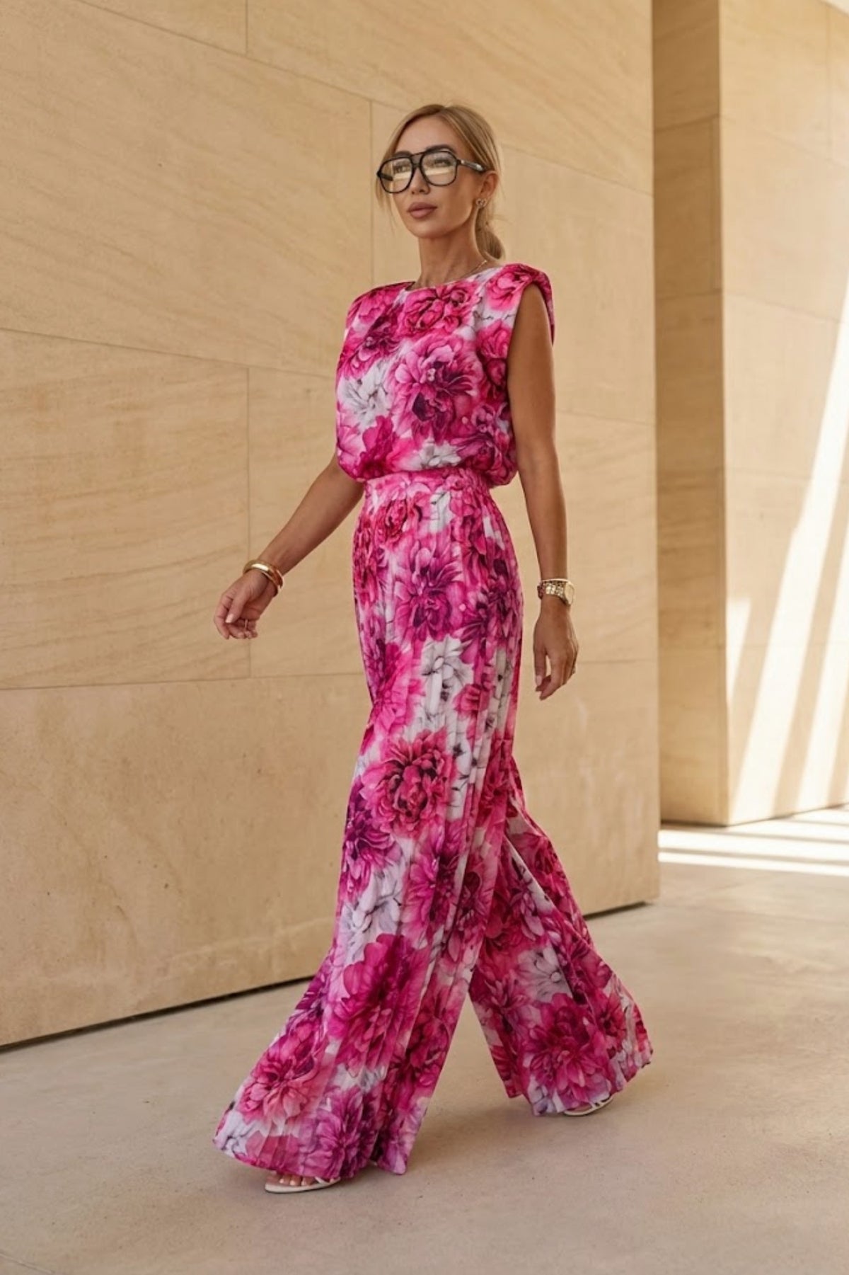 Padded Shoulder Pleated Jumpsuit