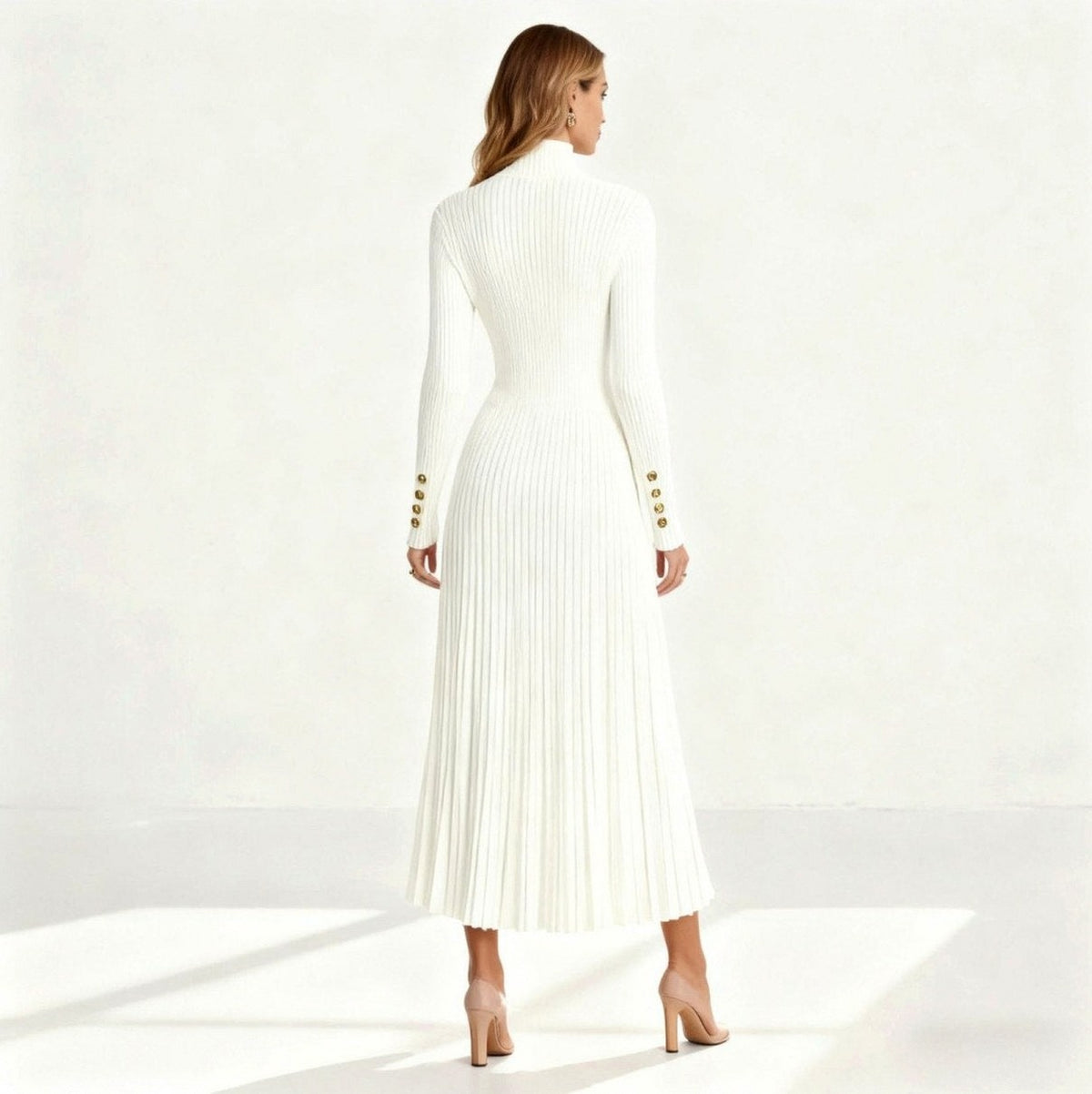 Ribbed Mock Neck Pleated Midi Dress