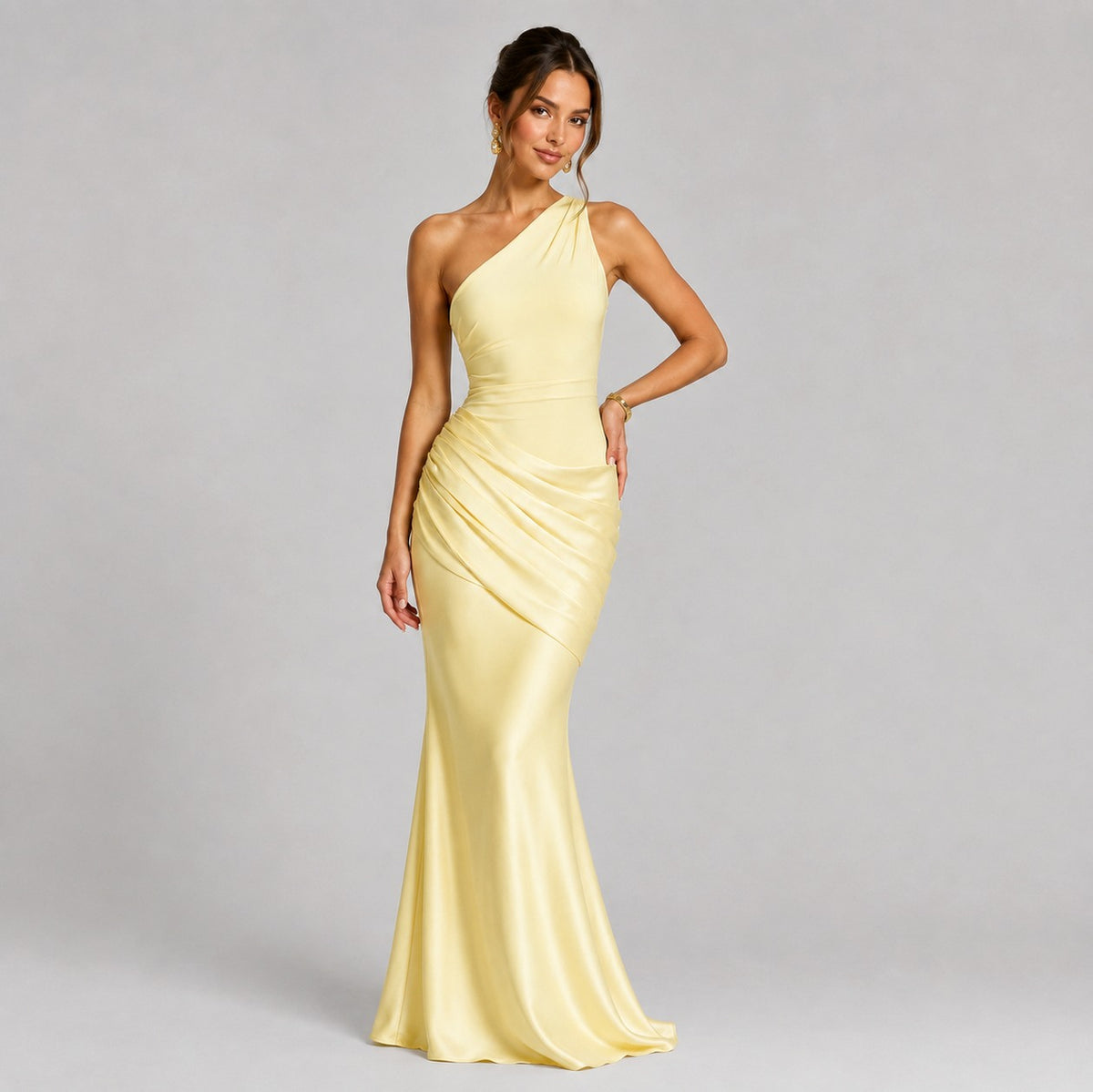Satin One Shoulder Ruched Maxi Dress