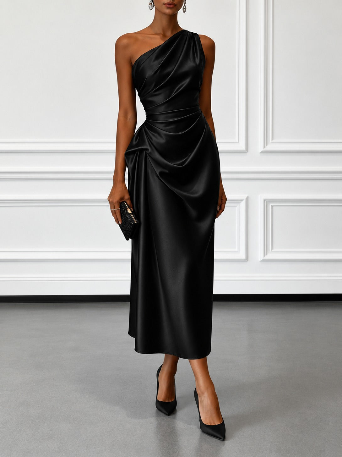 Satin One Shoulder Midi Dress