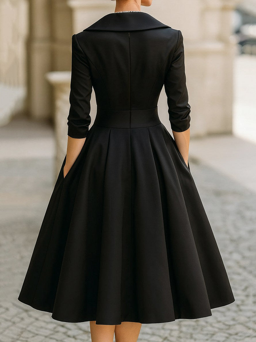 Satin Shawl Collar 3/4 Sleeve Midi Dress