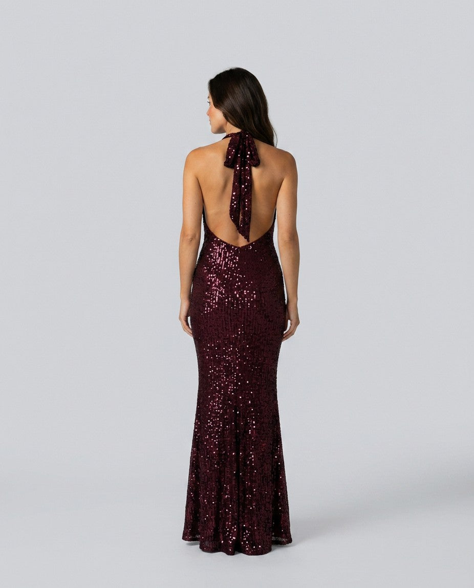 Sequin Halter Cowl Neck Maxi Dress