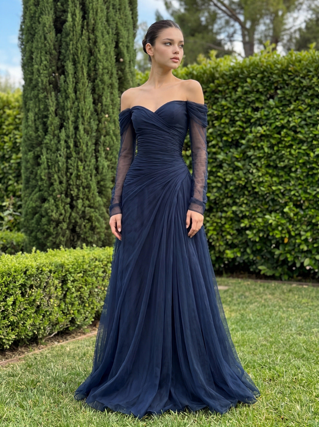 Tulle Long Sleeve Ruched Maxi Dress