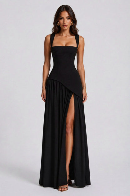Asymmetric Corset Scarf Maxi Dress