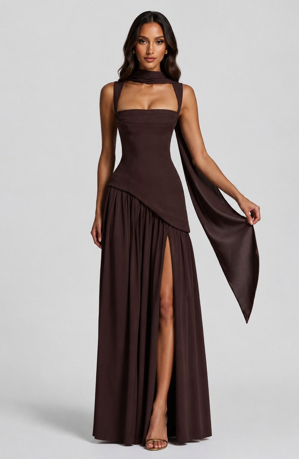 Asymmetric Corset Scarf Maxi Dress