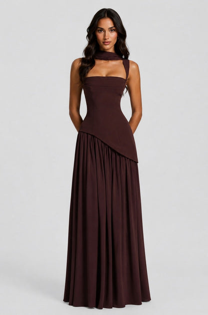 Asymmetric Corset Scarf Maxi Dress