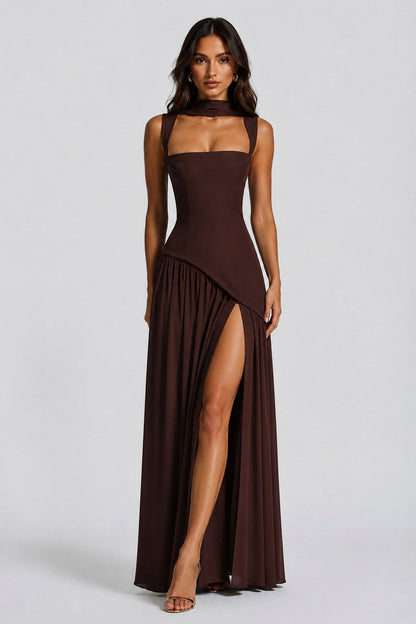 Asymmetric Corset Scarf Maxi Dress