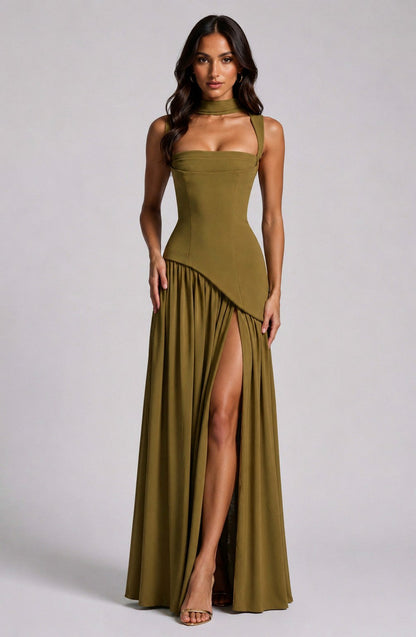 Asymmetric Corset Scarf Maxi Dress
