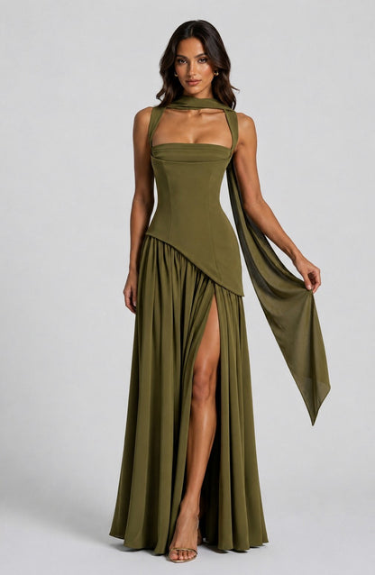 Asymmetric Corset Scarf Maxi Dress