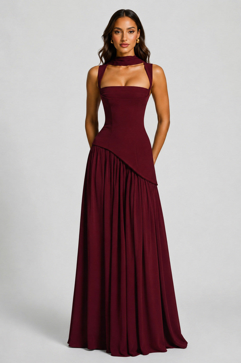Asymmetric Corset Scarf Maxi Dress
