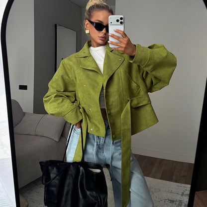 Belted Suede Stand Collar Jacket