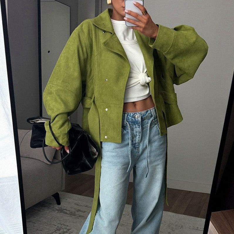 Belted Suede Stand Collar Jacket