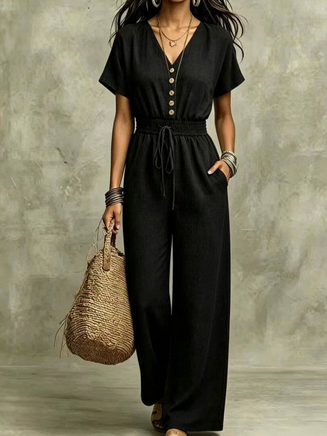 Button Front Wide Leg Jumpsuit
