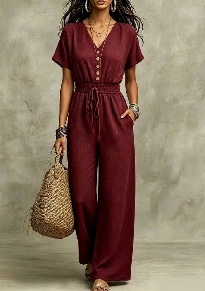 Button Front Wide Leg Jumpsuit