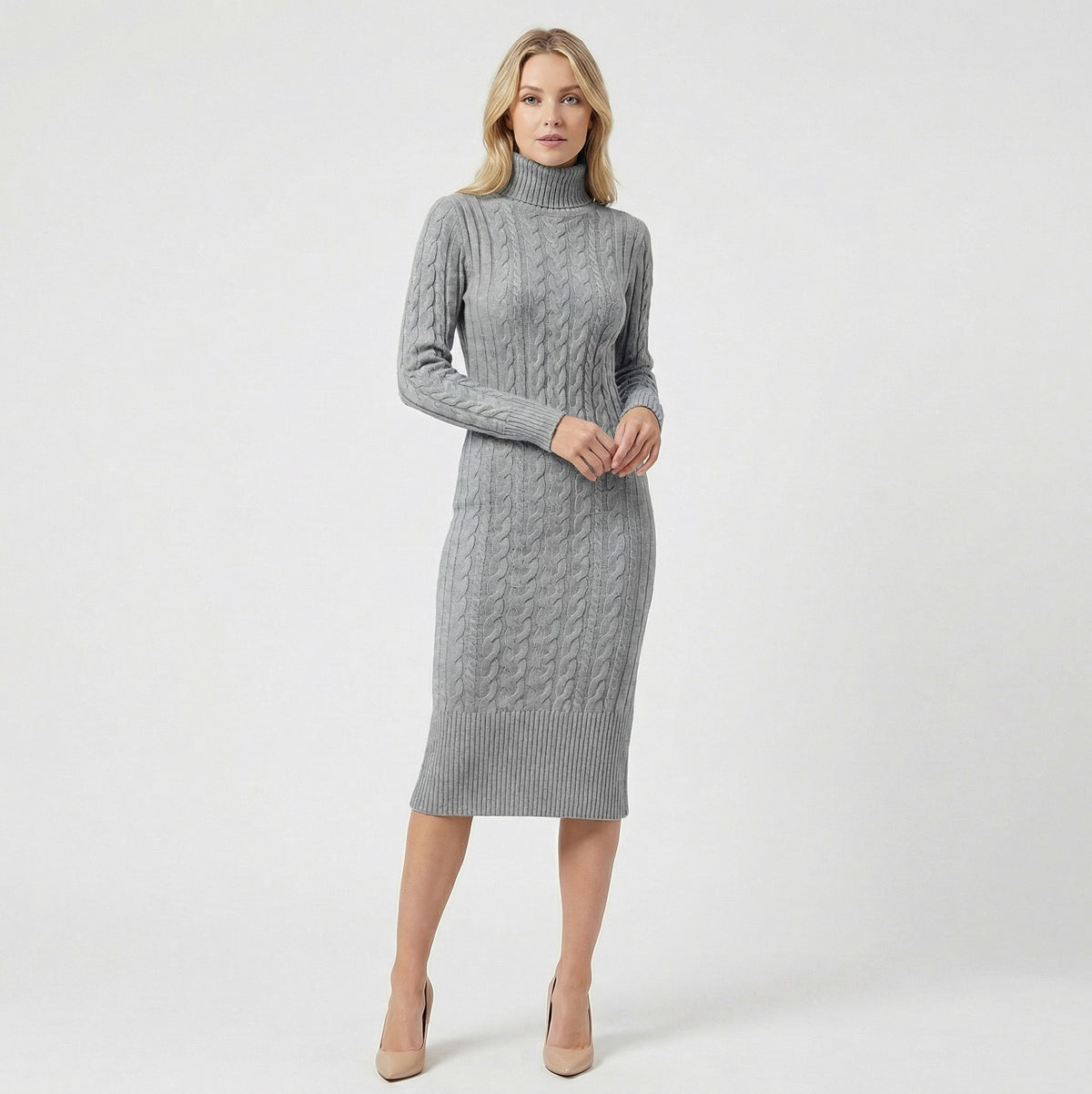 Cable Knit Long Sleeve Midi Sweater Dress