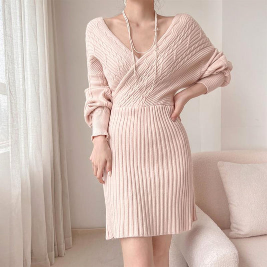 Cable Knit Long Sleeve Wrap Mini Sweater Dress
