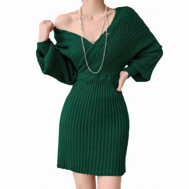 Cable Knit Long Sleeve Wrap Mini Sweater Dress