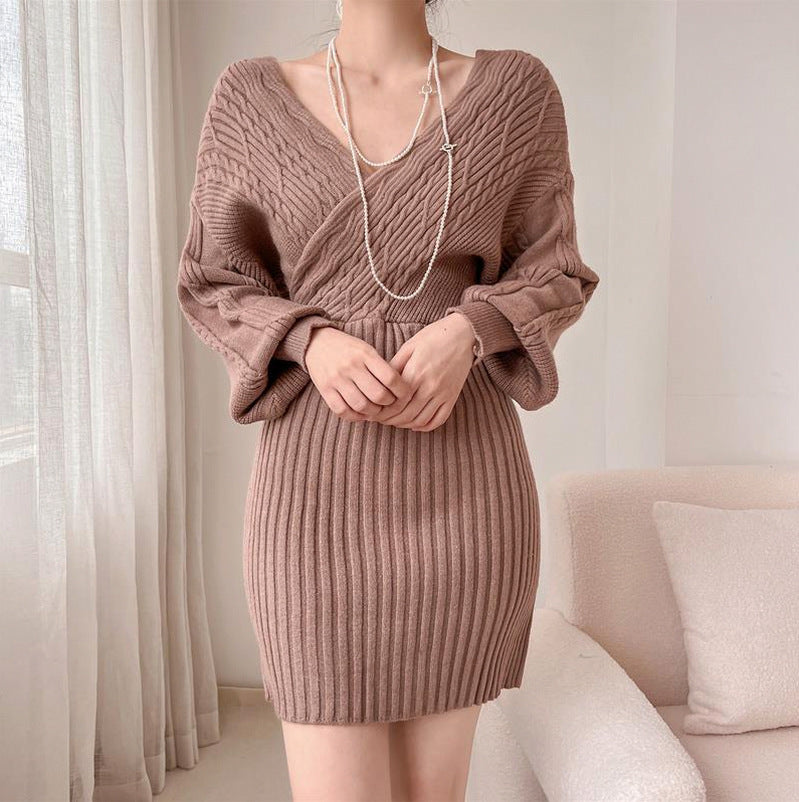 Cable Knit Long Sleeve Wrap Mini Sweater Dress