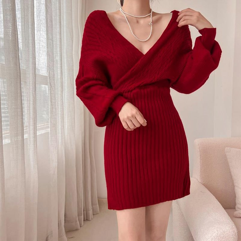 Cable Knit Long Sleeve Wrap Mini Sweater Dress