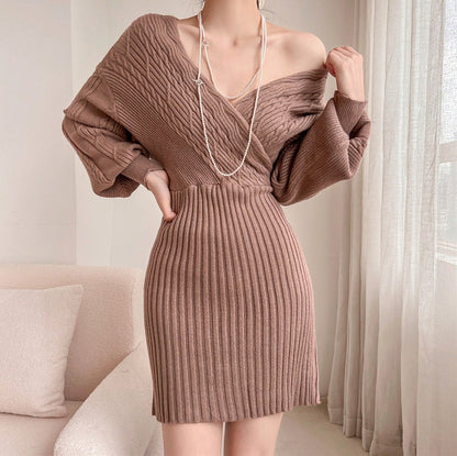 Cable Knit Long Sleeve Wrap Mini Sweater Dress
