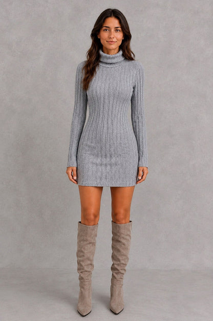 Cable Knit Turtleneck Sweater Dress
