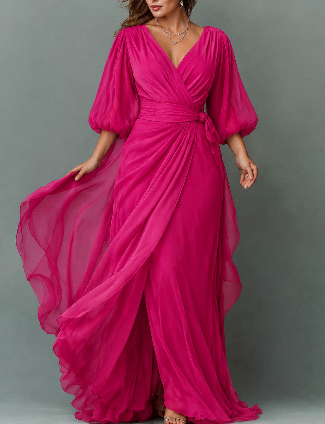 Chiffon Balloon Sleeve Maxi Dress