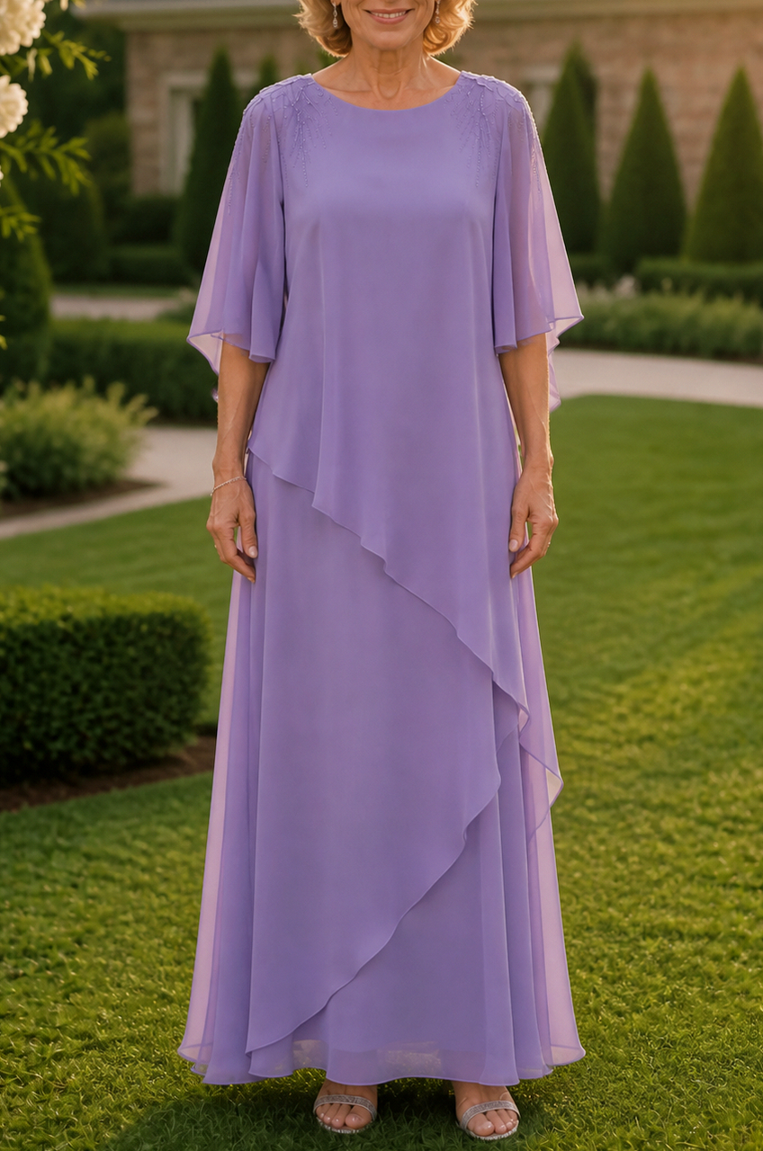 Chiffon Cape Sleeve Tiered Maxi Dress