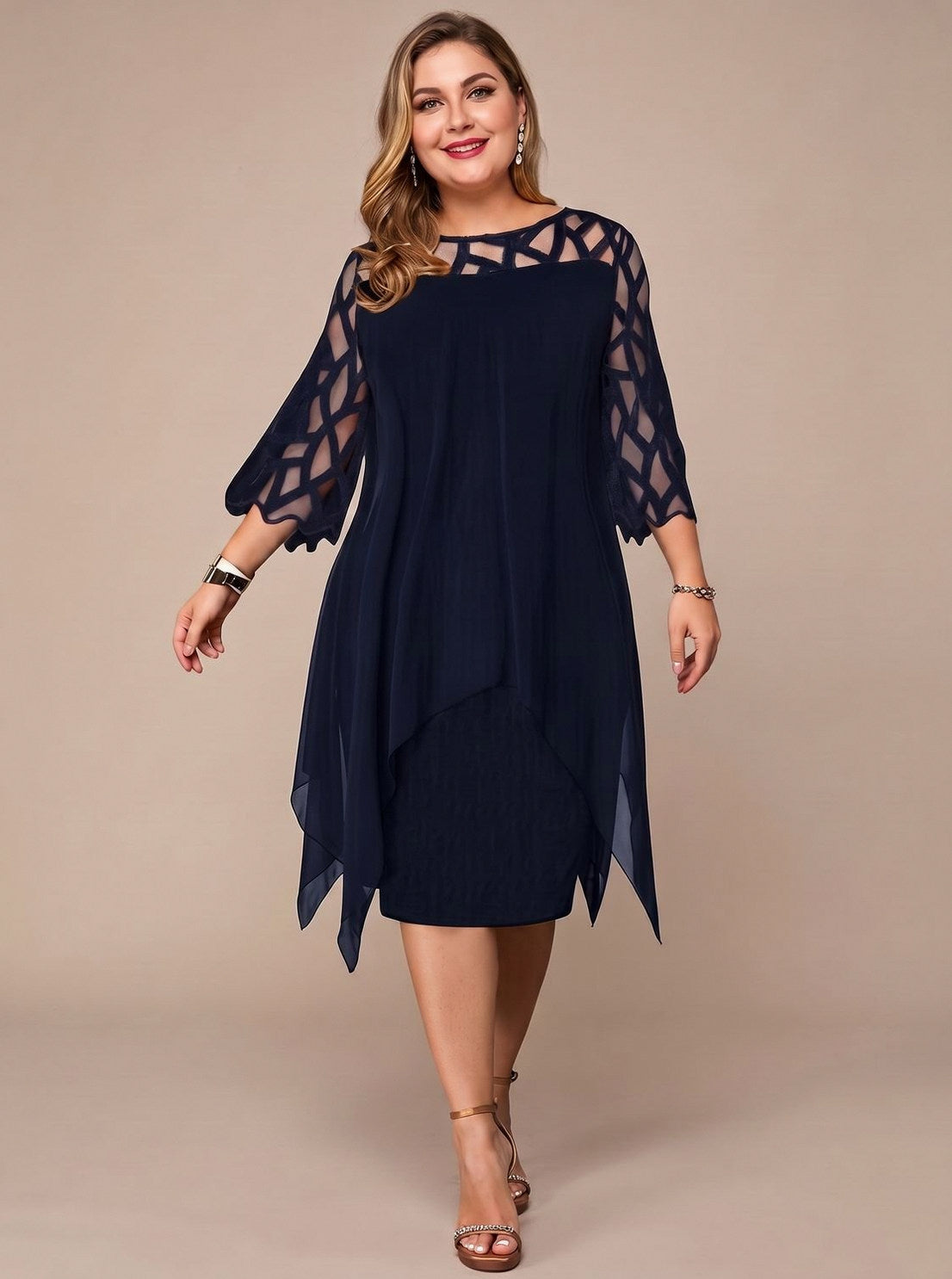 Chiffon Cutout 3/4 Sleeve Dress