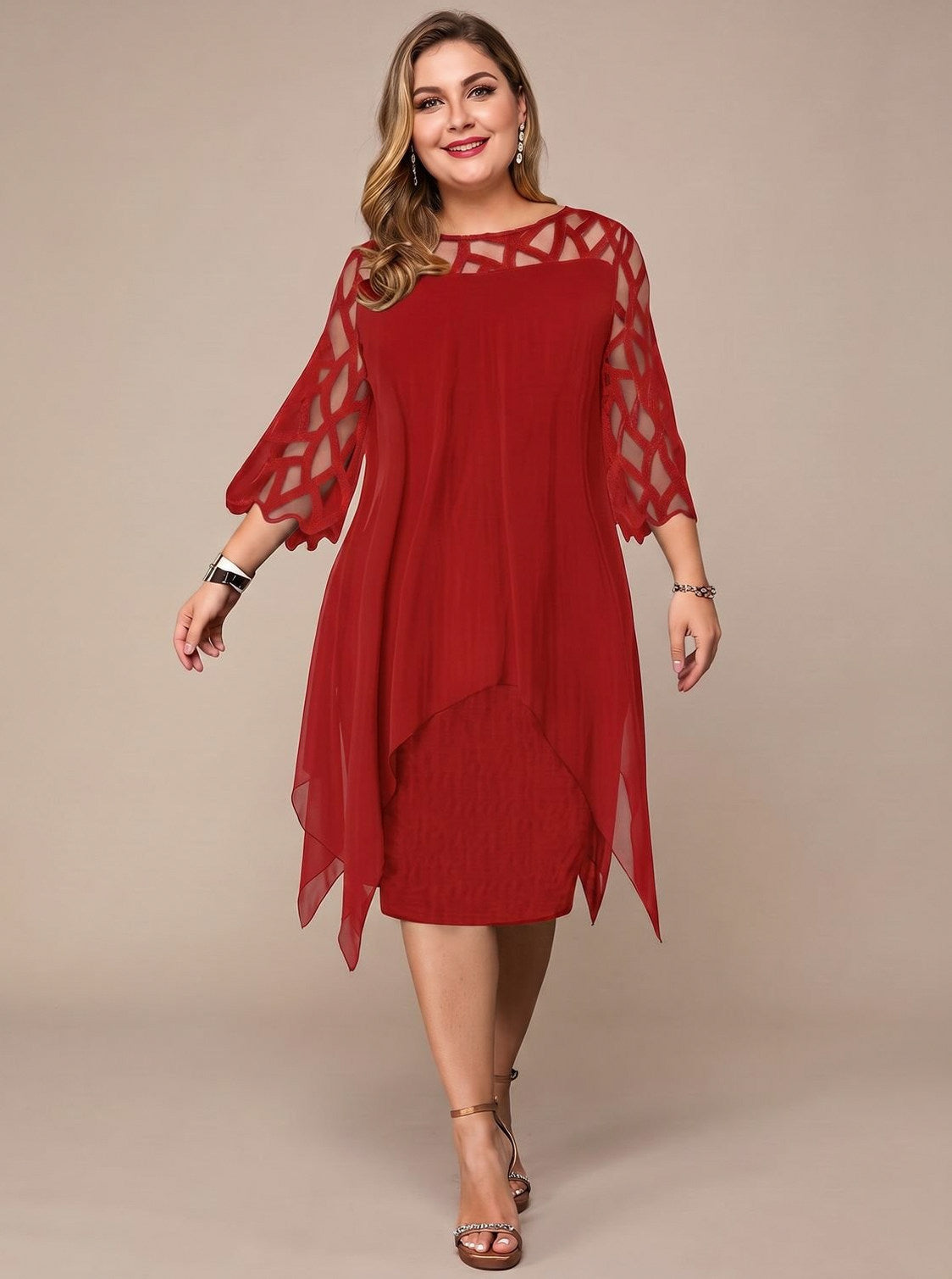 Chiffon Cutout 3/4 Sleeve Dress