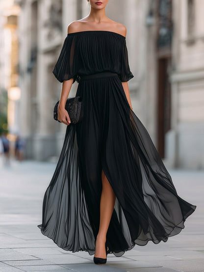 Chiffon Off Shoulder Pleated Maxi Dress