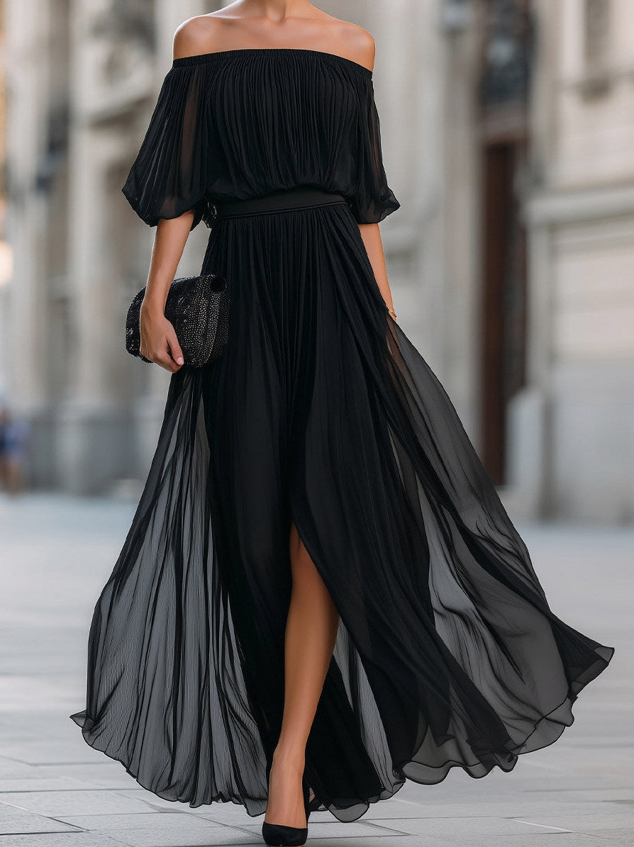 Chiffon Off Shoulder Pleated Maxi Dress