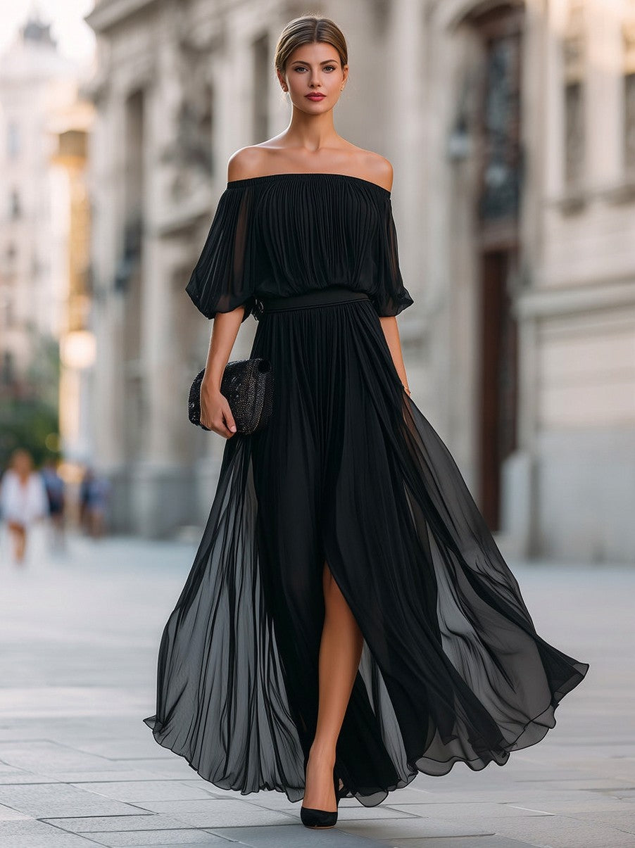 Chiffon Off Shoulder Pleated Maxi Dress