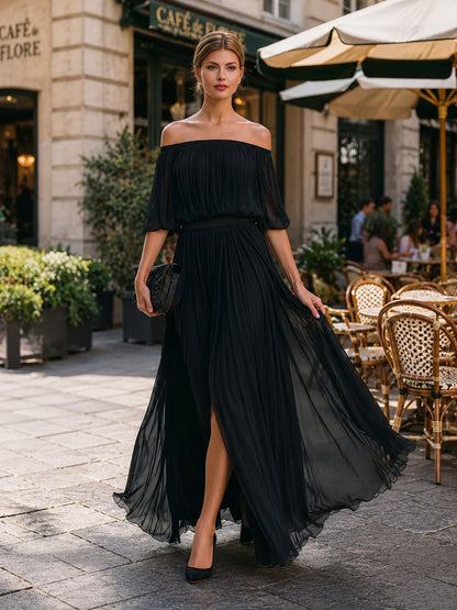 Chiffon Off Shoulder Pleated Maxi Dress