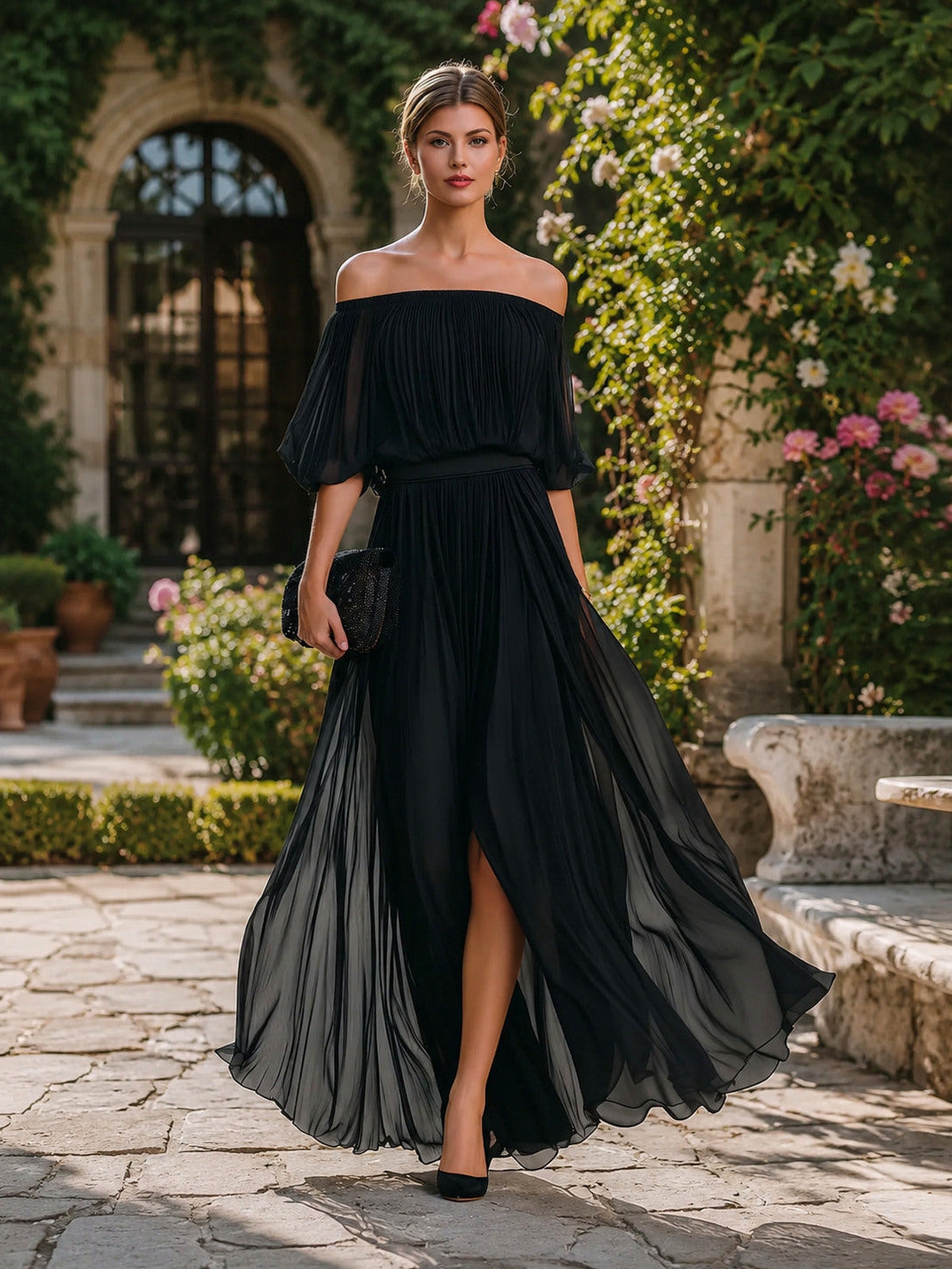 Chiffon Off Shoulder Pleated Maxi Dress