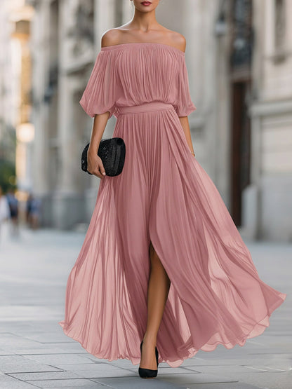 Chiffon Off Shoulder Pleated Maxi Dress