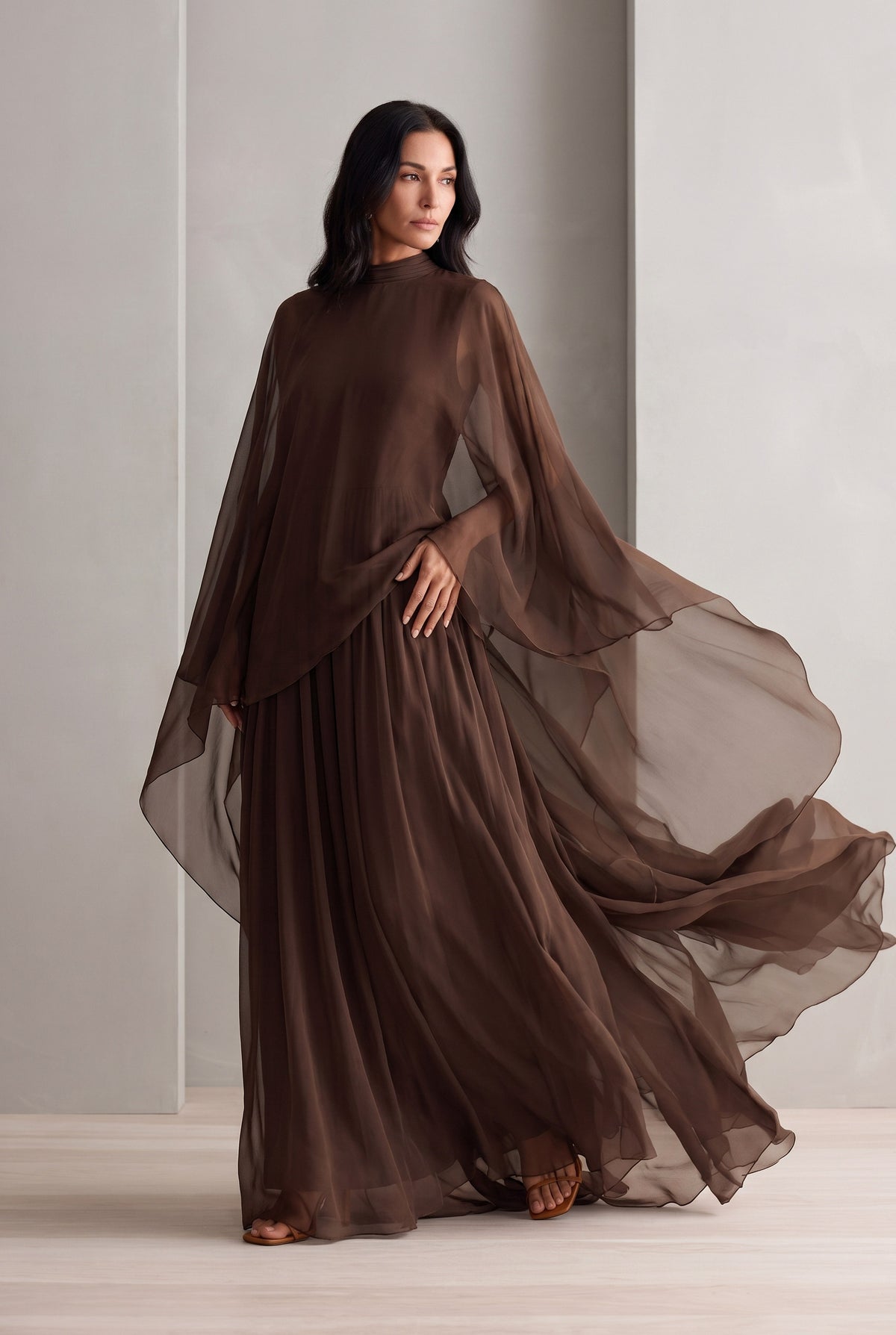 Chiffon Pleated Cape Sleeve Maxi Dress