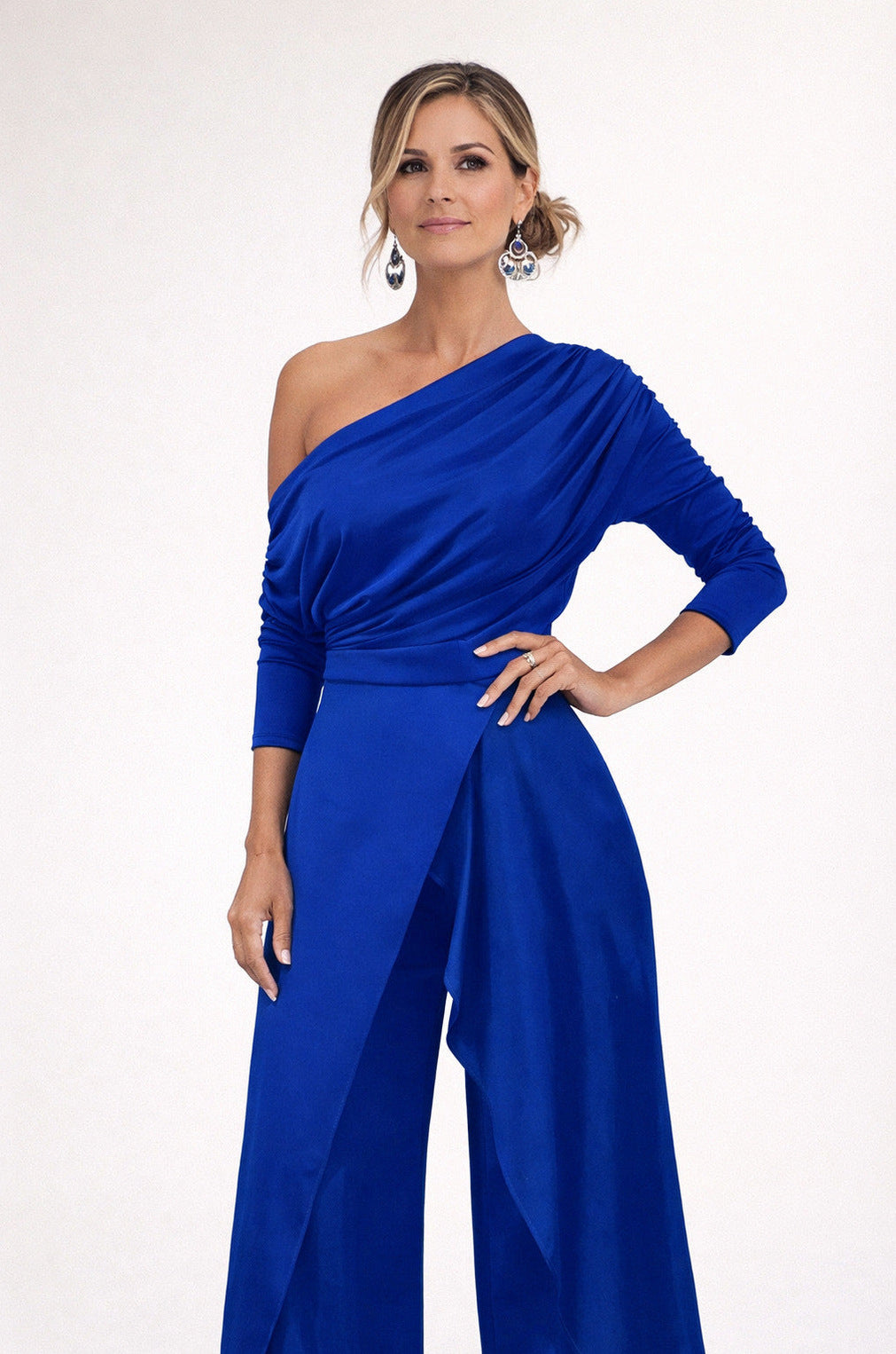 Crepe One Shoulder Ruched Wide Leg Jumpsuit