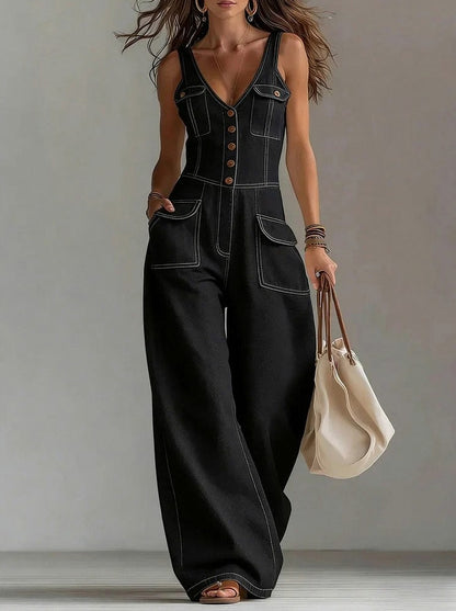 Denim Button Front Wide Leg Jumpsuit