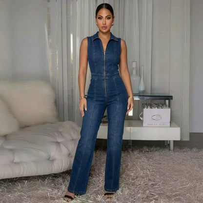 Denim Collared Sleeveless Zip Jumpsuit