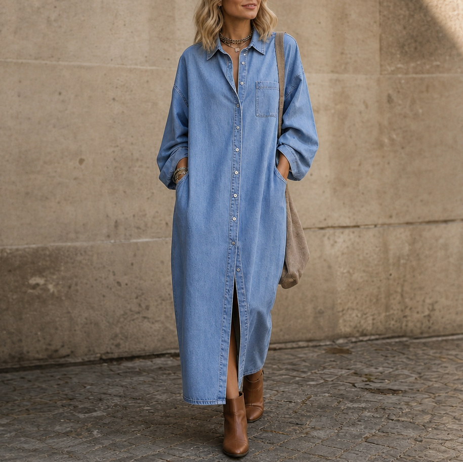 Denim Long Sleeve Button Down Maxi Shirt Dress