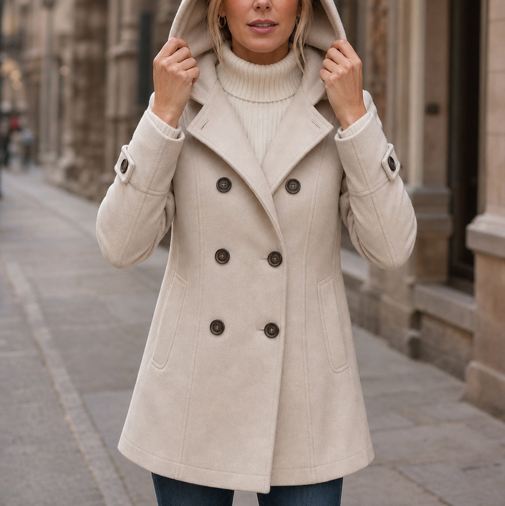 Double Breasted Hooded Long Sleeve Coat