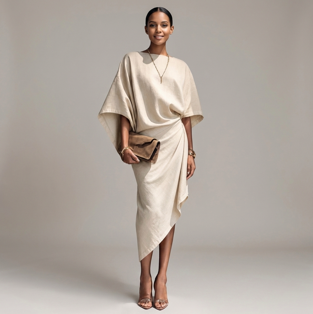 Draped Asymmetric Short Sleeve Midi Dress