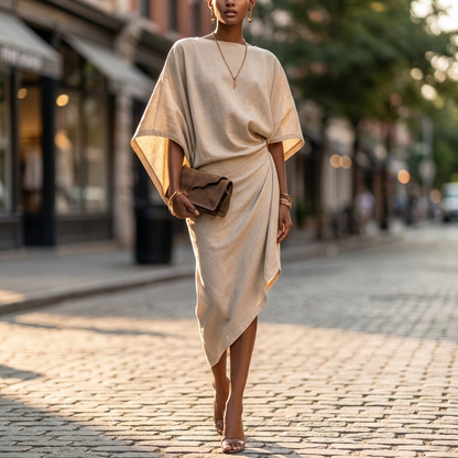 Draped Asymmetric Short Sleeve Midi Dress