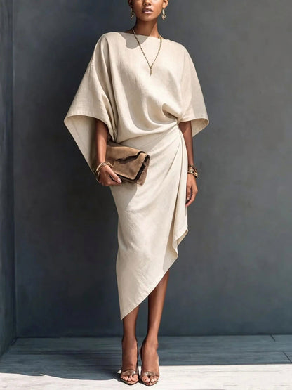 Draped Asymmetric Short Sleeve Midi Dress