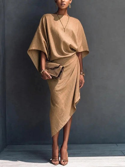 Draped Asymmetric Short Sleeve Midi Dress
