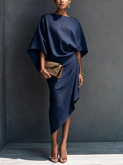 Draped Asymmetric Short Sleeve Midi Dress