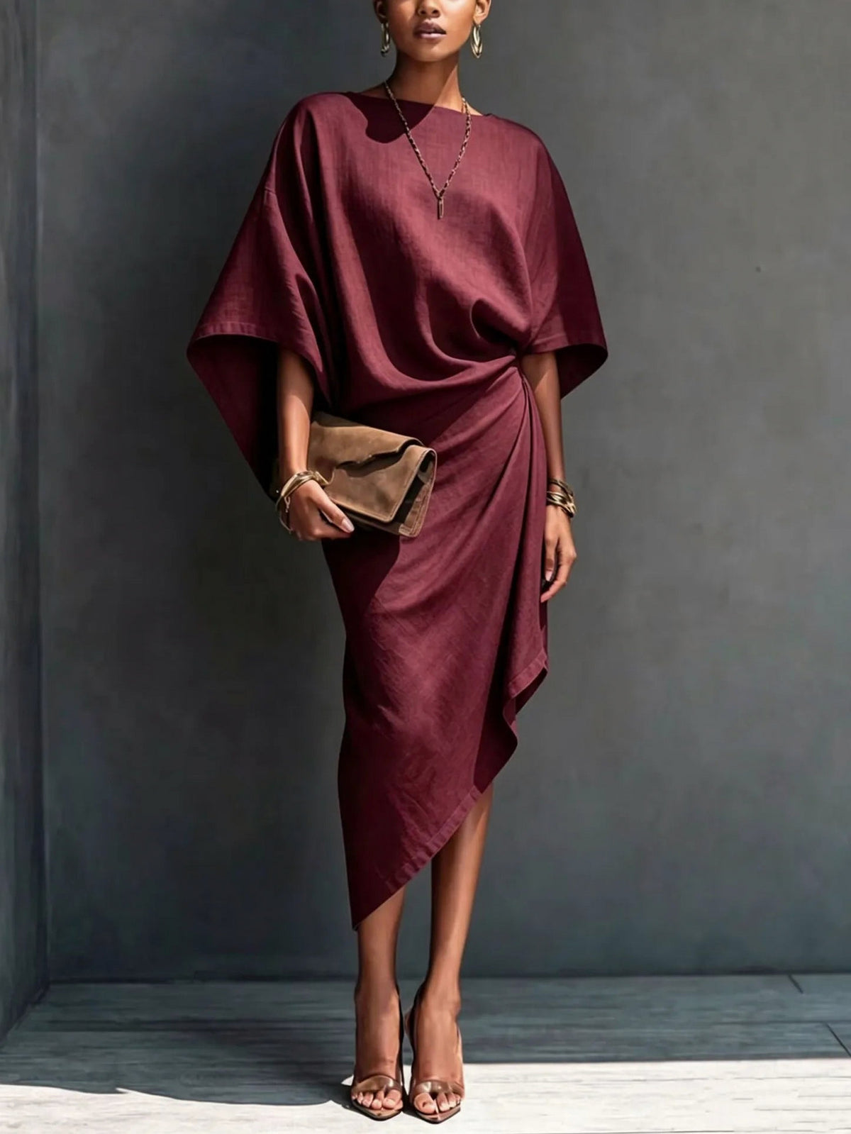Draped Asymmetric Short Sleeve Midi Dress