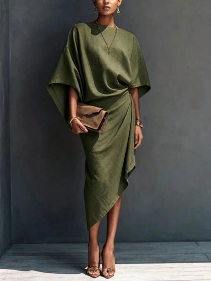Draped Asymmetric Short Sleeve Midi Dress